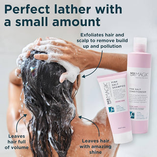 Exfoliate hair and scalp with Pink Salt Shampoo and Conditioner for volume and shine